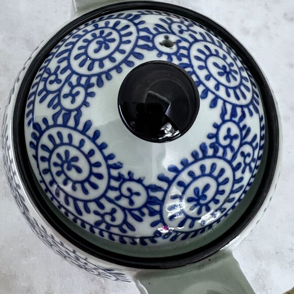 Iga Ware Handcrafted Ceramic Teapot Bamboo Handle Blue White Swirl Design Vtg - Picture 7 of 12